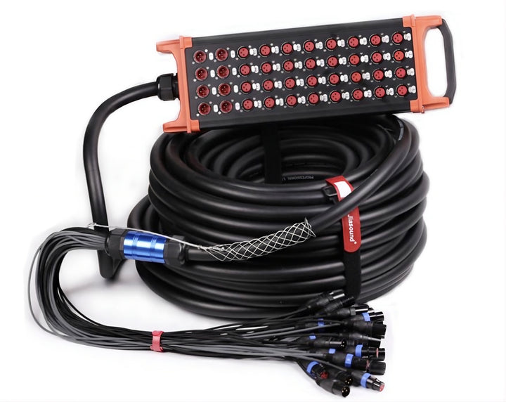 Coiled cable with connectors and a control panel on a white background