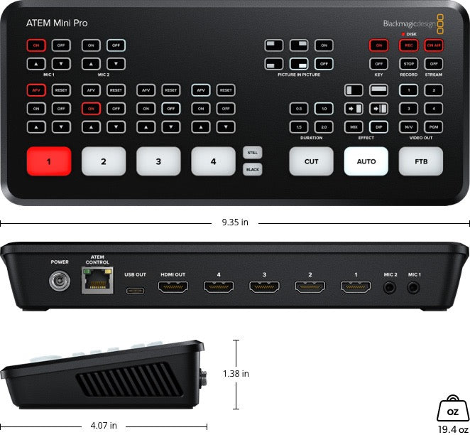 Blackmagic Design ATEM Mini Pro video switcher with dimensions and features displayed.