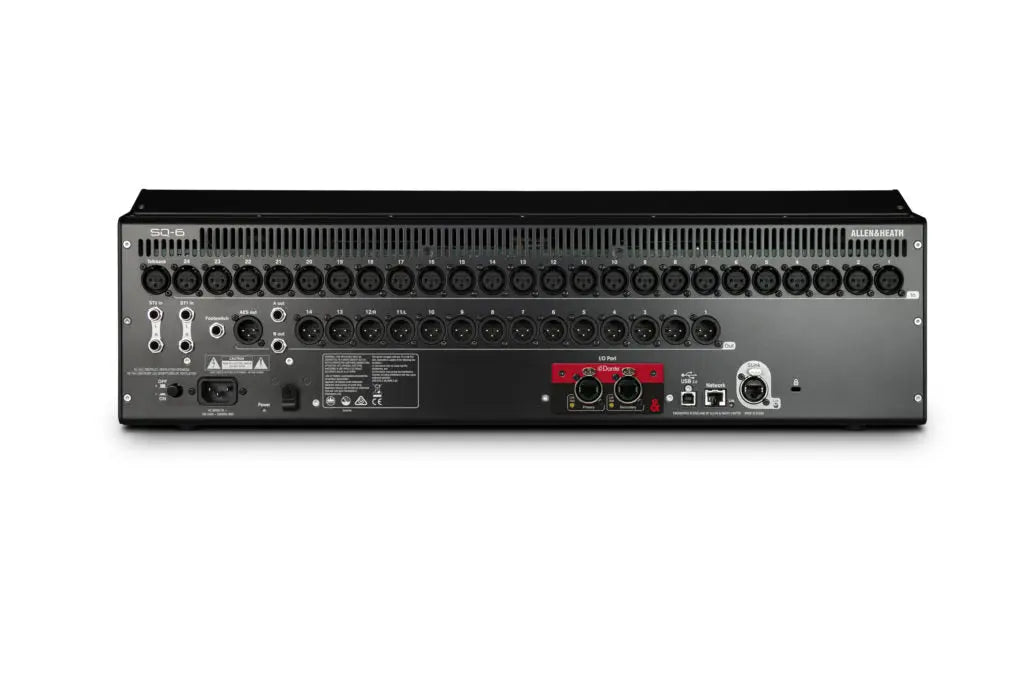 Rear view of SQ-6 showing 16 onboard mic preamps and SLink port