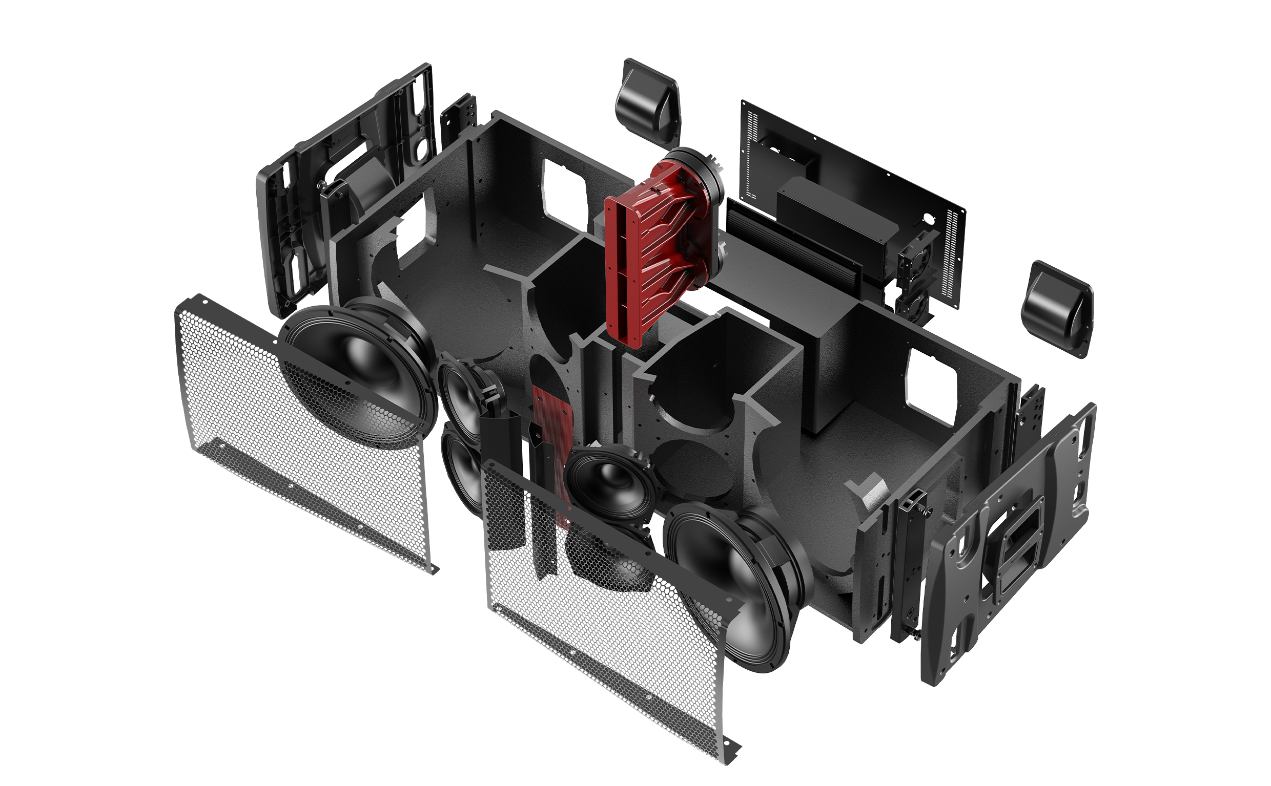 Black and red audio speaker system on a white background