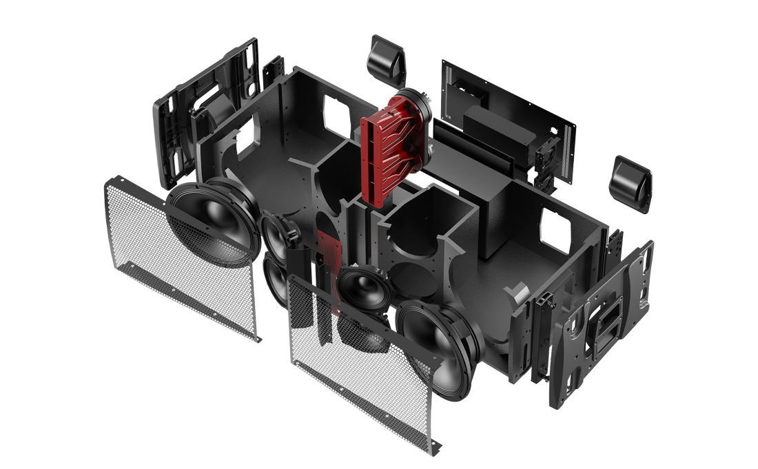 Black and red audio speaker system on a white background