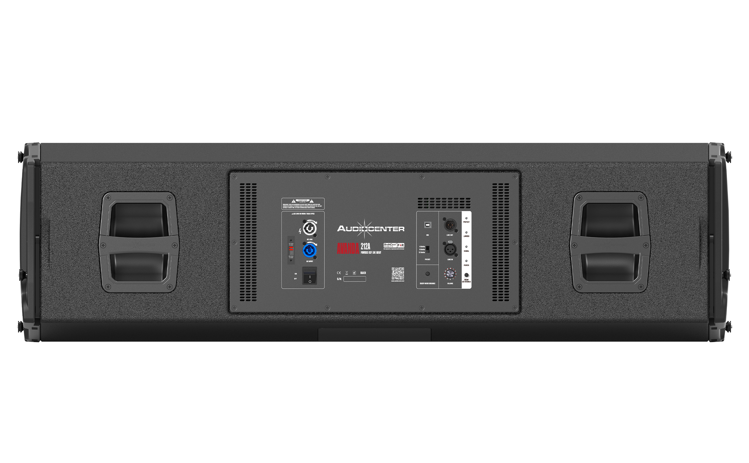 Black audio amplifier with control panel on a white background