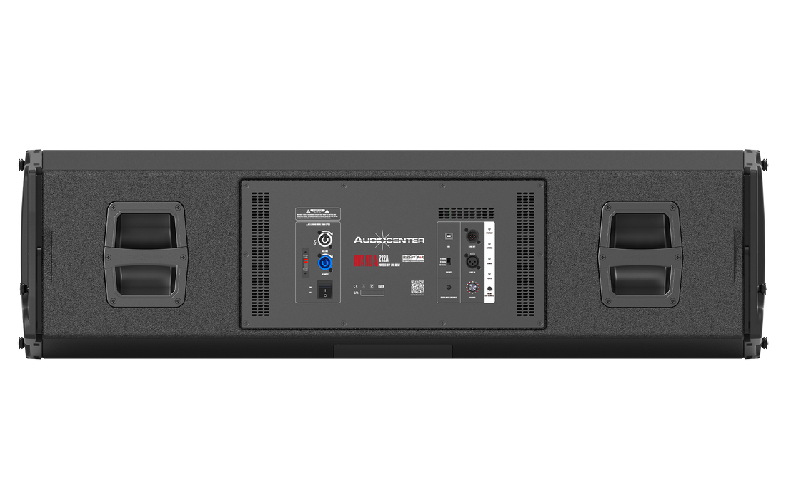 Black audio amplifier with control panel on a white background