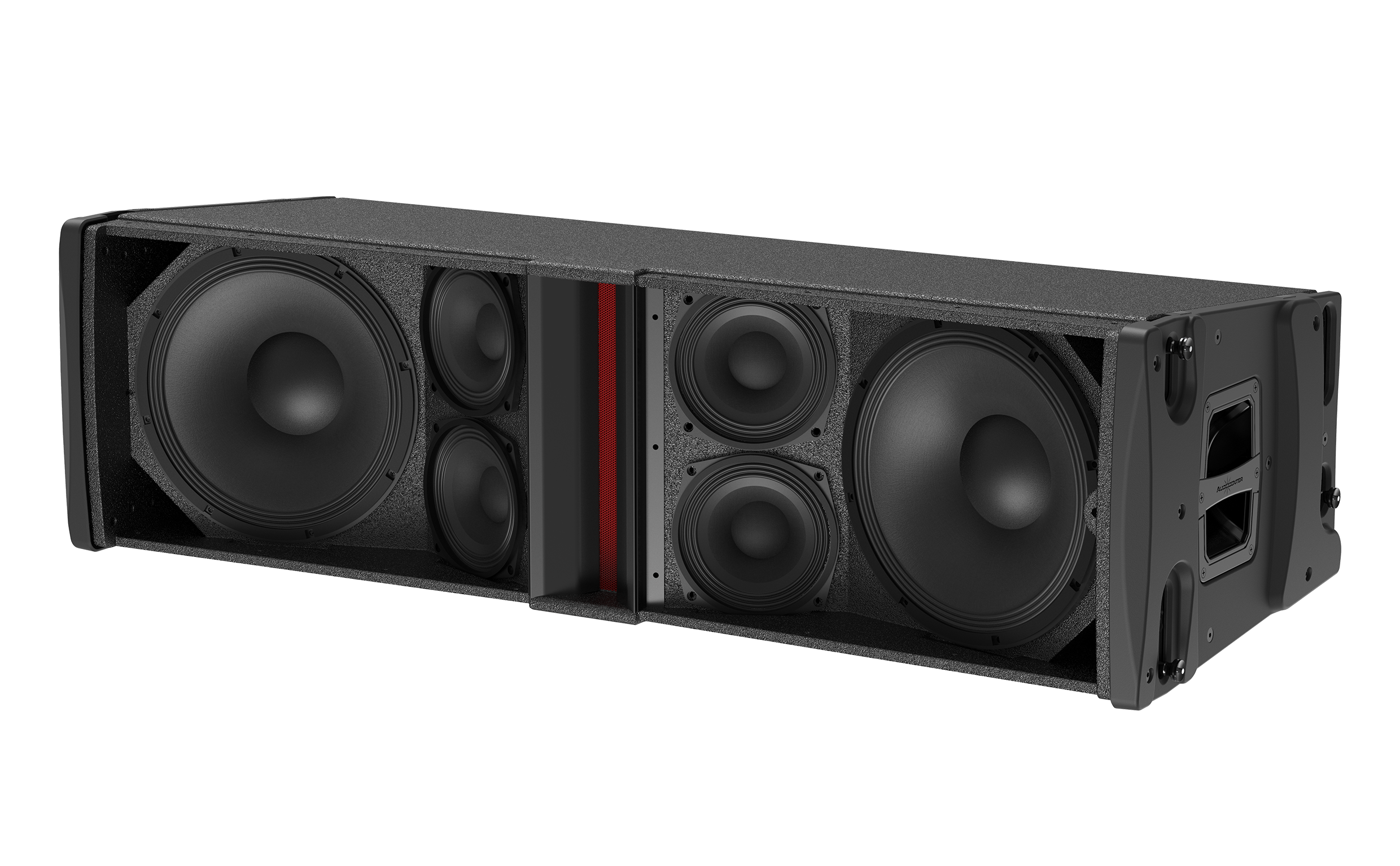 Large black speaker system on a white background