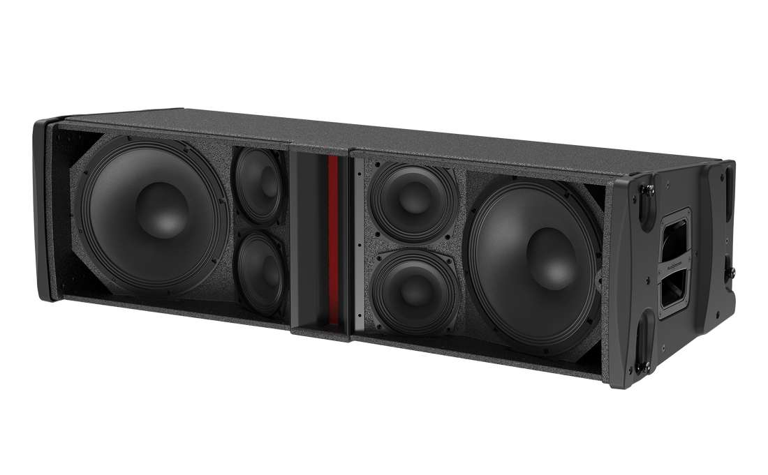 Large black speaker system on a white background