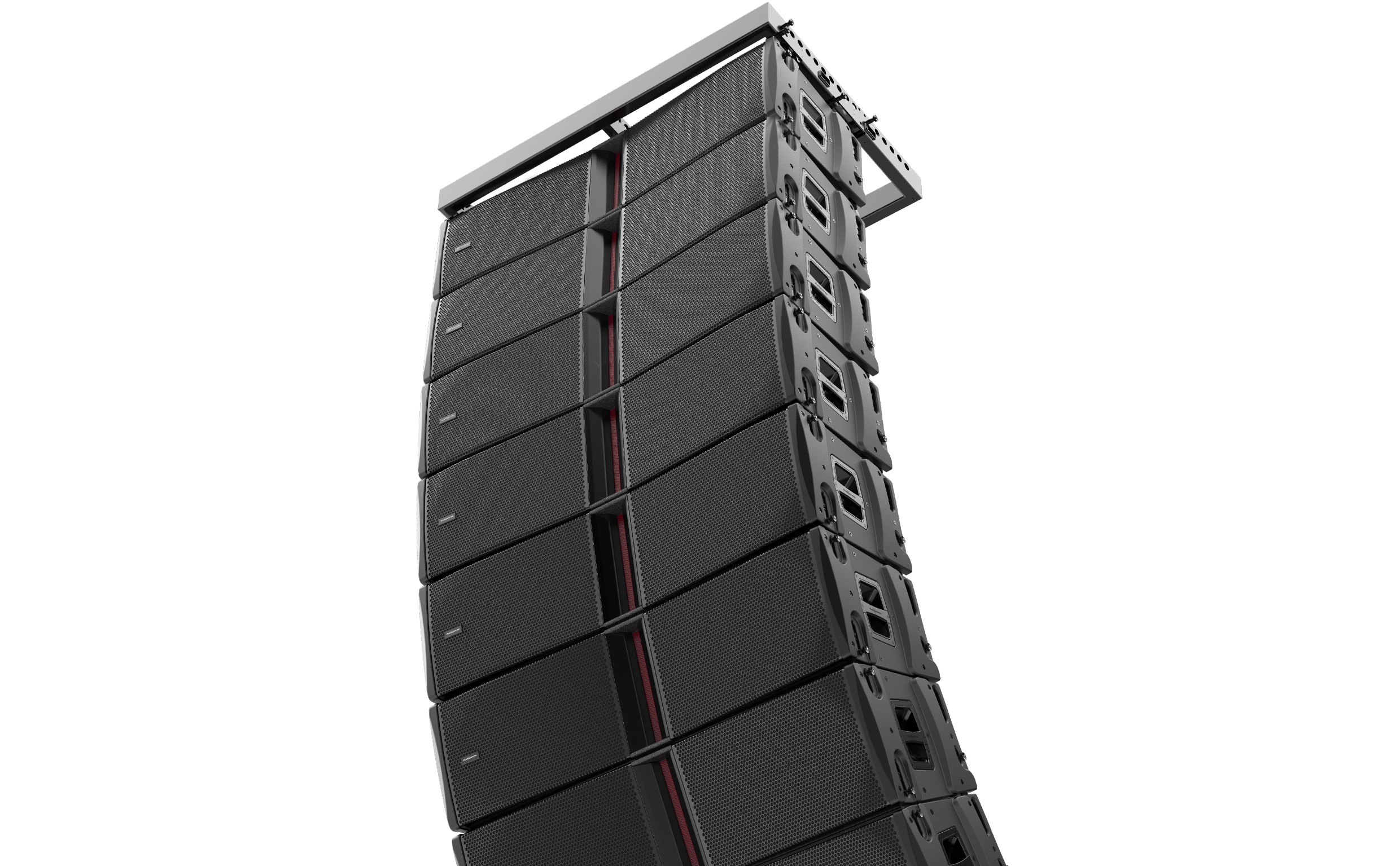Tall black speaker system on a white background
