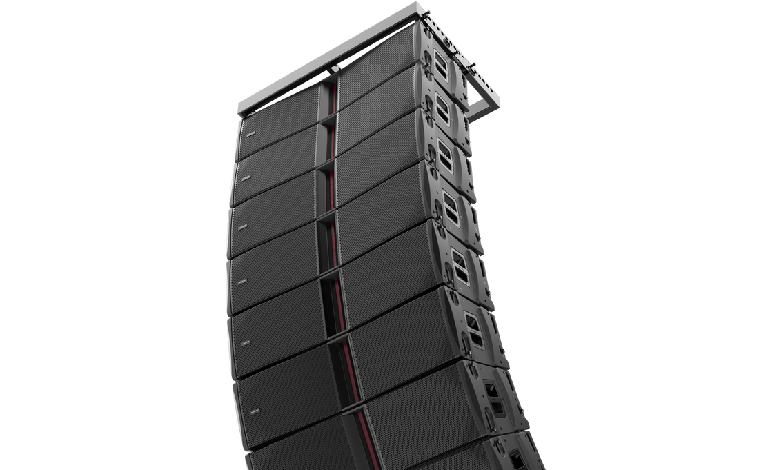 Tall black speaker system on a white background