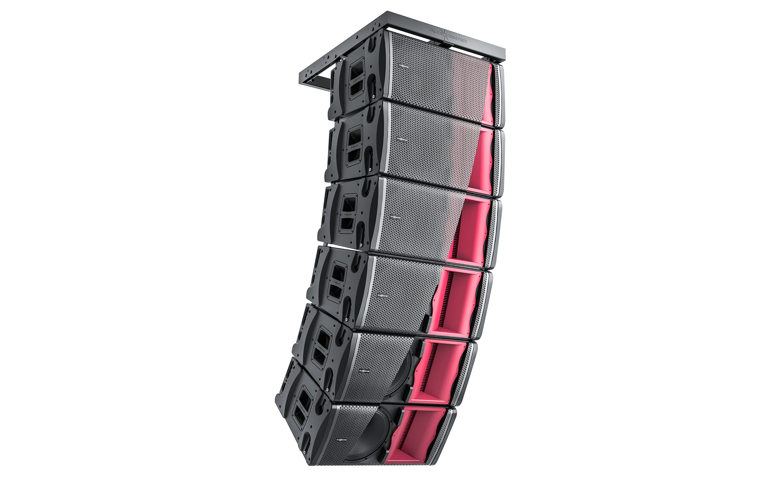 Stack of black and red audio speakers on a white background