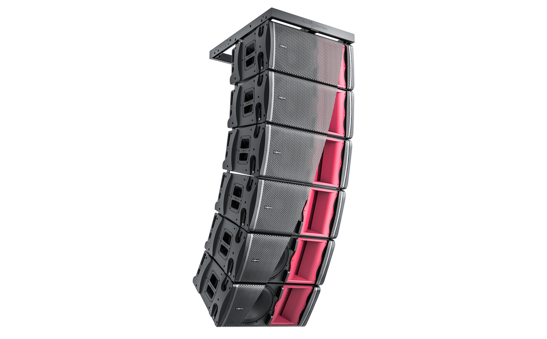 Stack of black and red audio speakers on a white background