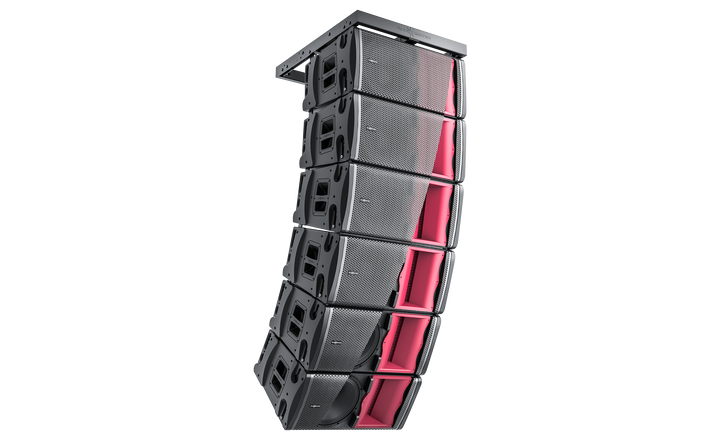Stack of black and red audio speakers on a white background
