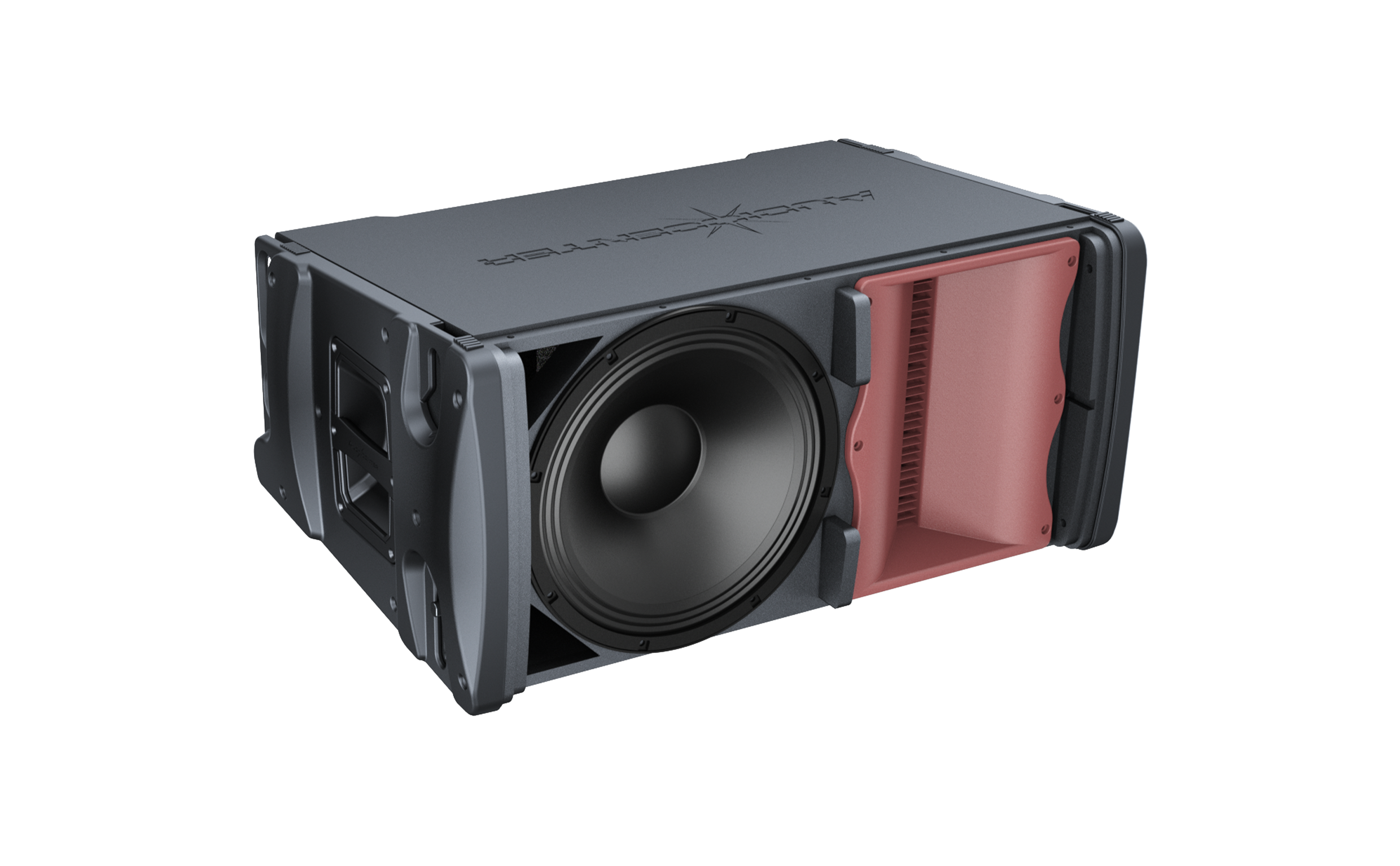 Black subwoofer with red accents on a white background