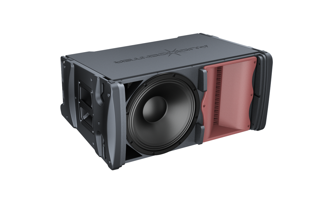 Black subwoofer with red accents on a white background