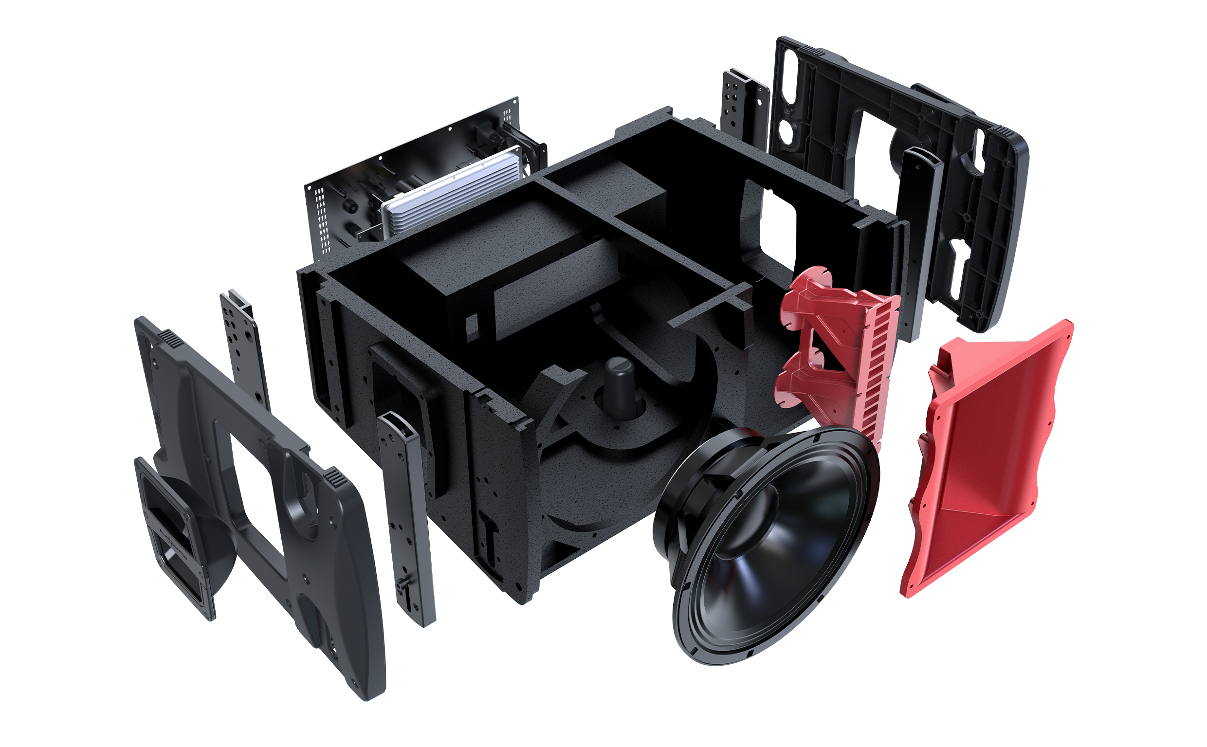 Black electronic component with red and black attachments on a white background