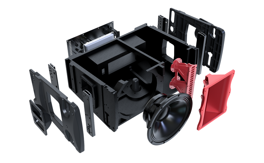 Black electronic component with red and black attachments on a white background