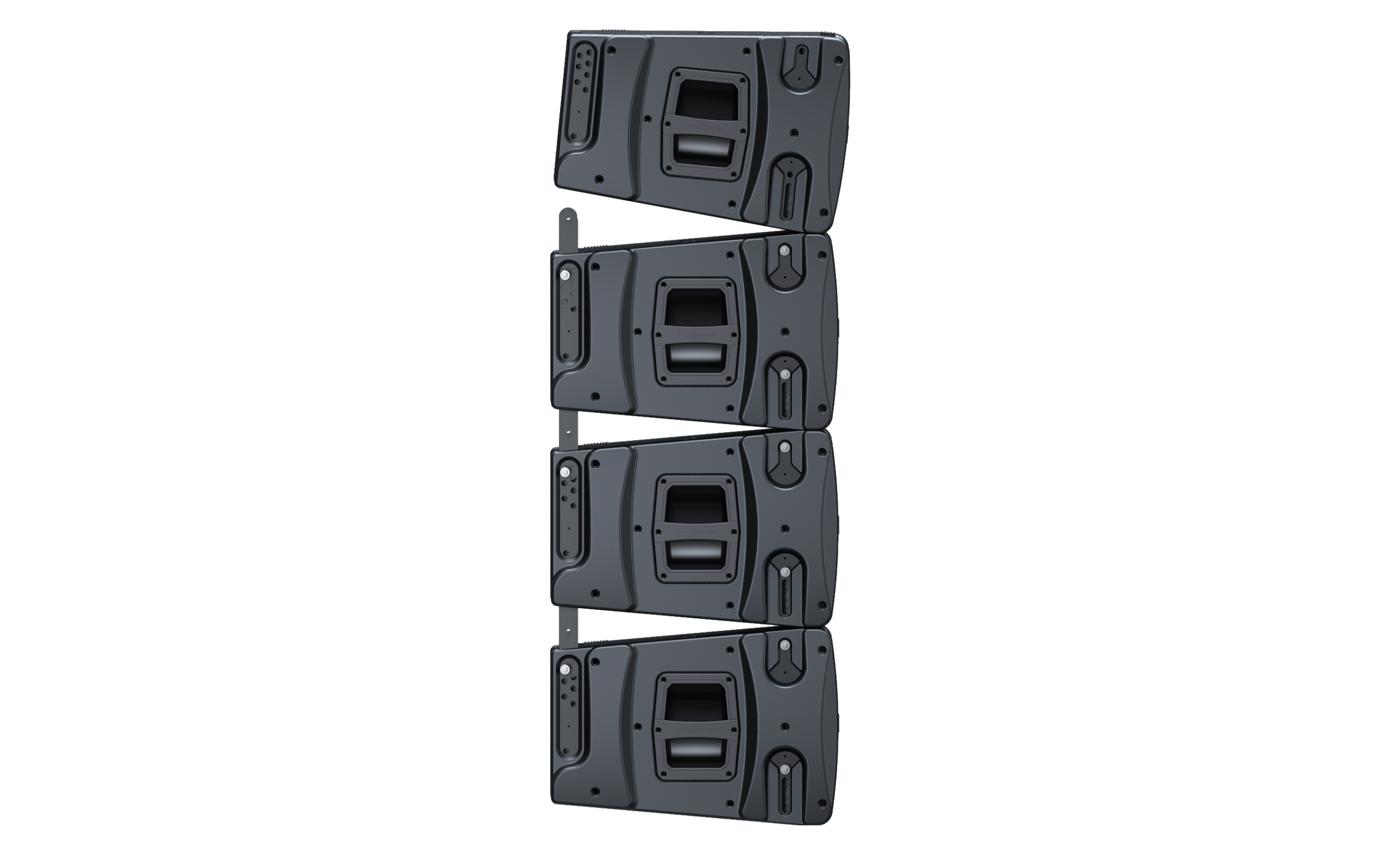 Set of black speaker enclosures on a white background