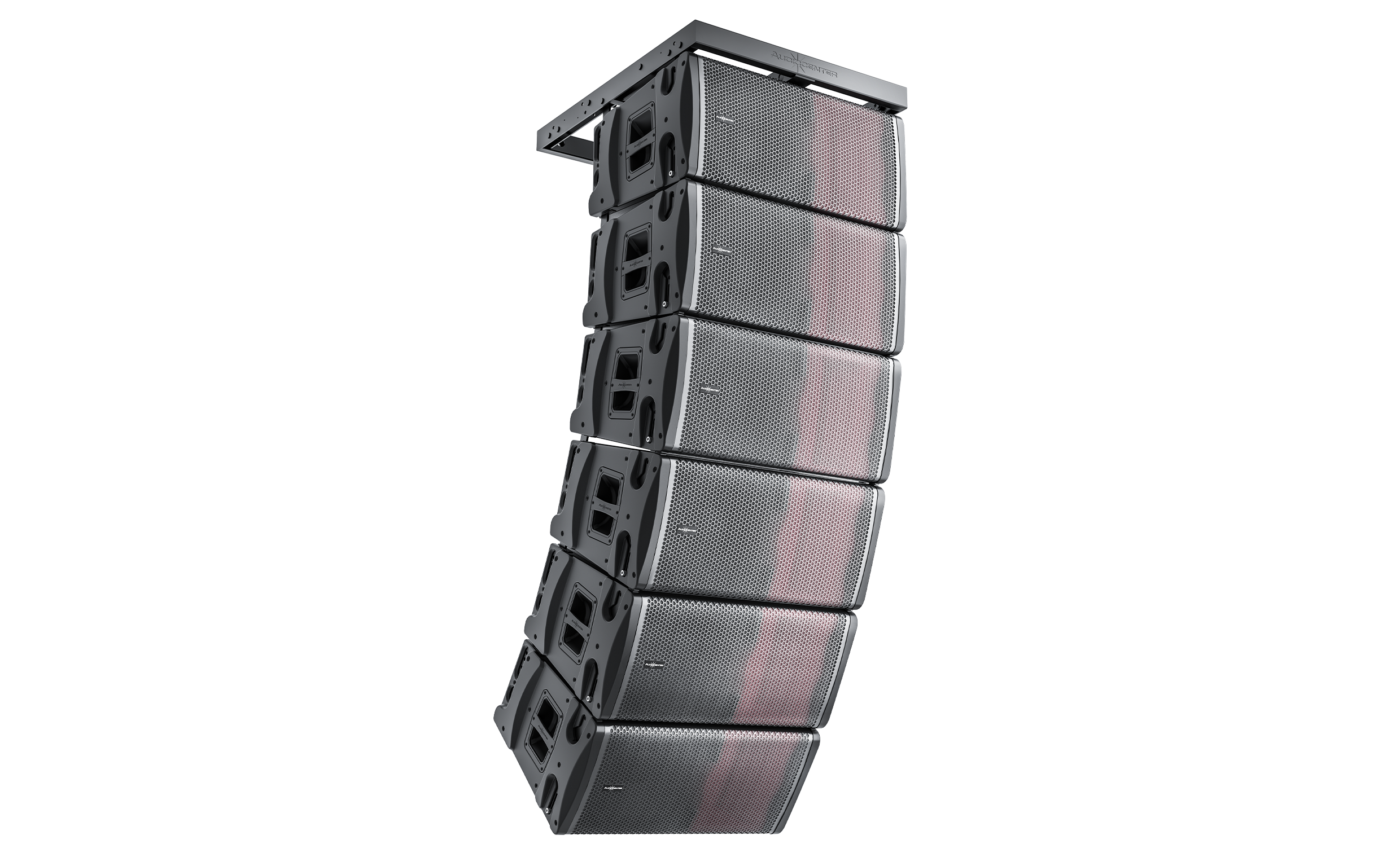 Stack of audio speakers on a white background