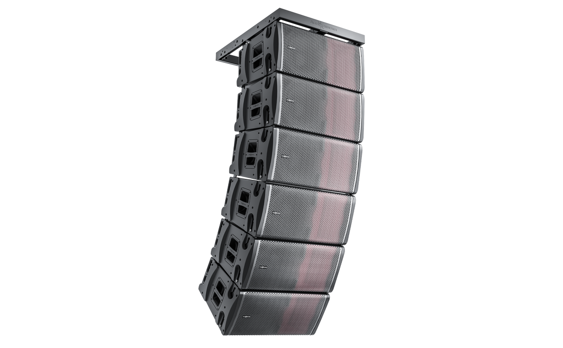 Stack of audio speakers on a white background