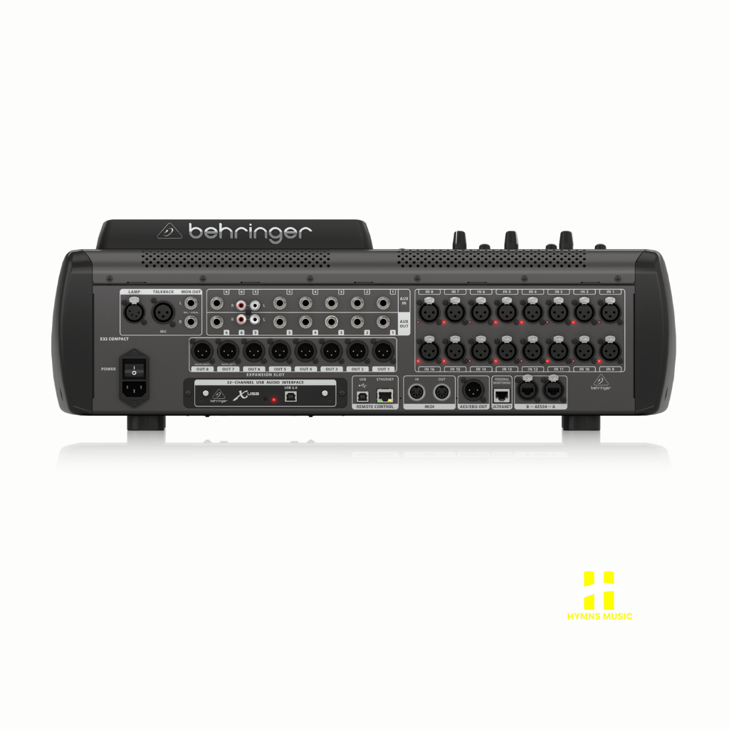 Rear panel I/O connectivity of Behringer X32 Compact mixer
