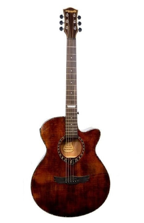 Acoustic guitar with a brown finish on a white background