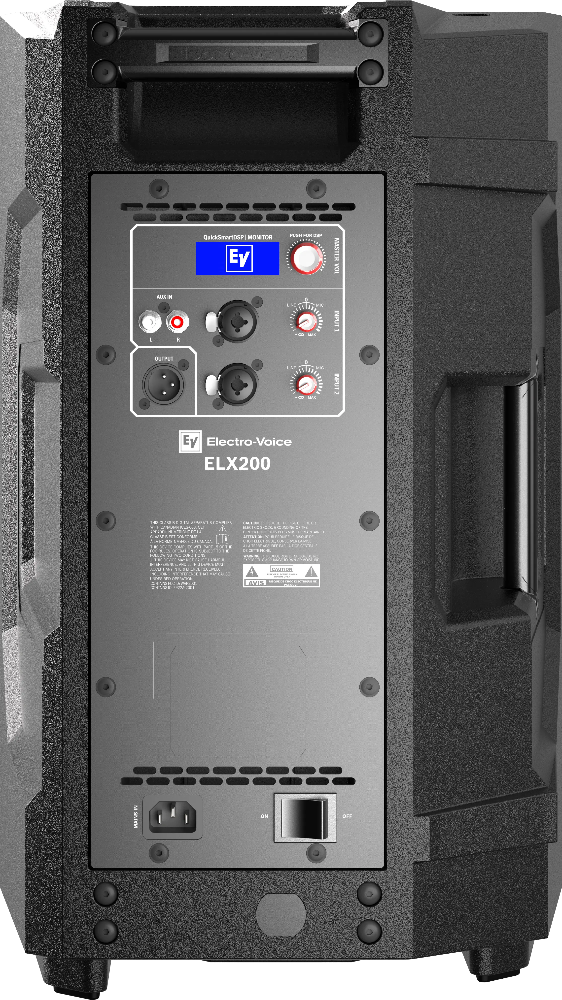 ELX200-10P rear panel with DSP and inputs