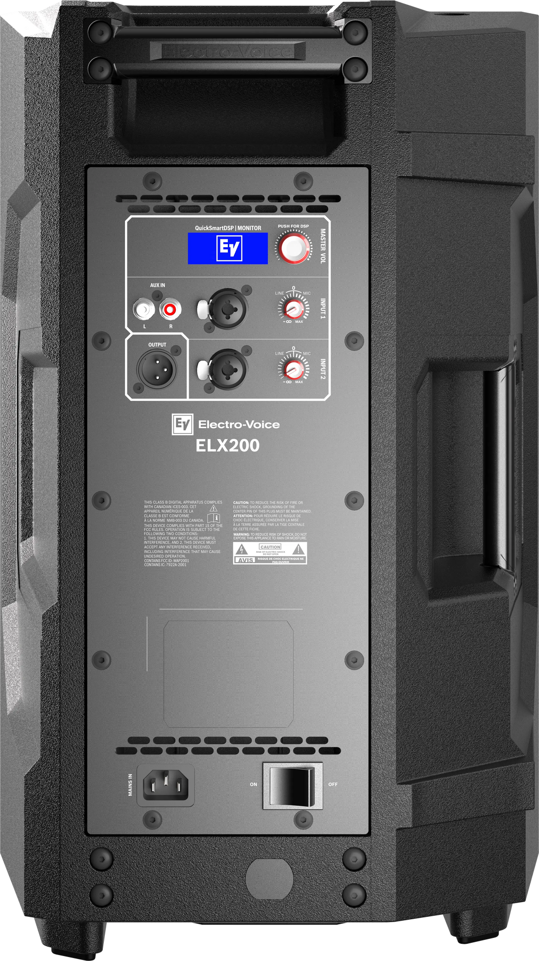 ELX200-10P rear panel with DSP and inputs