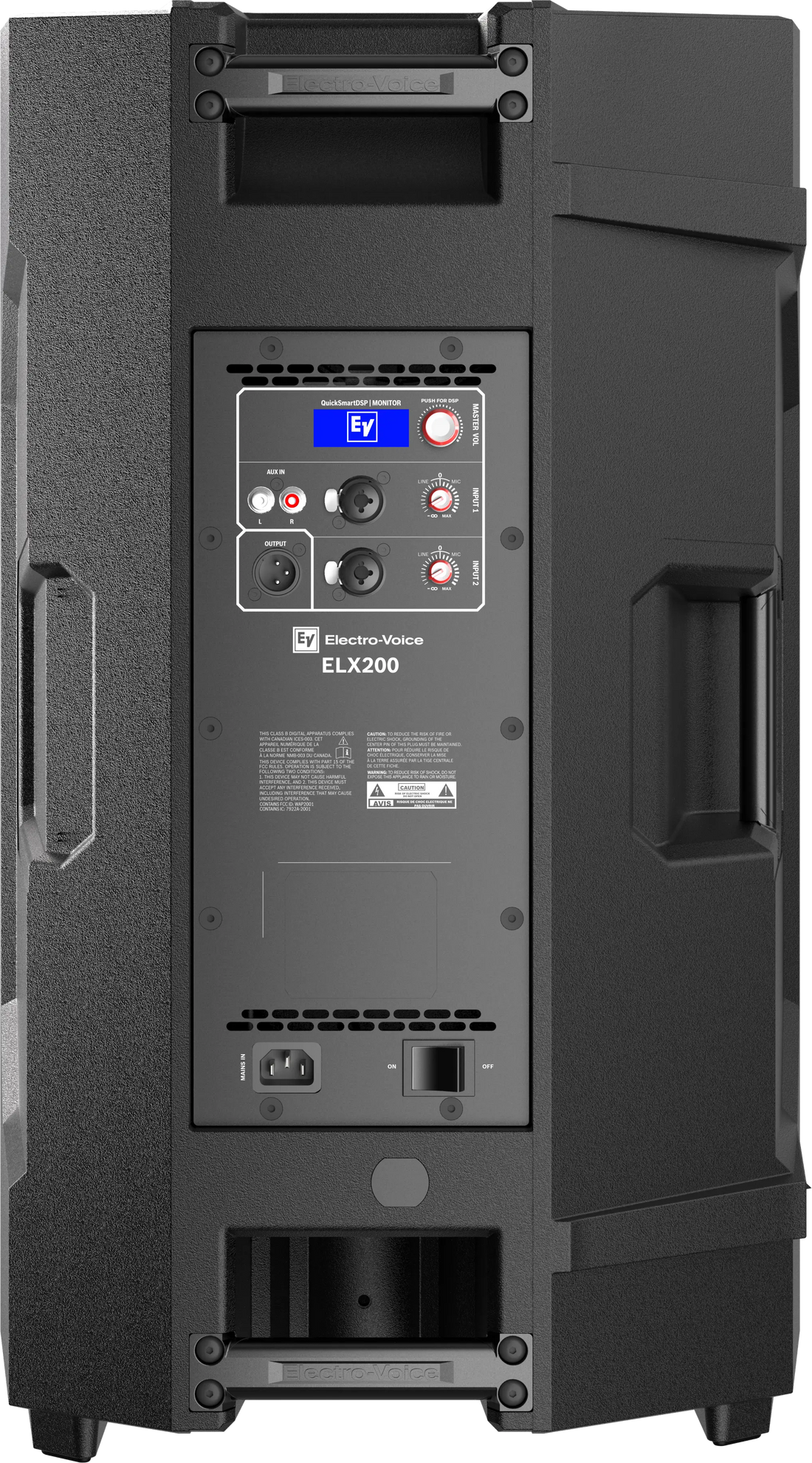 Back view of a black Electro-Voice speaker with control panel