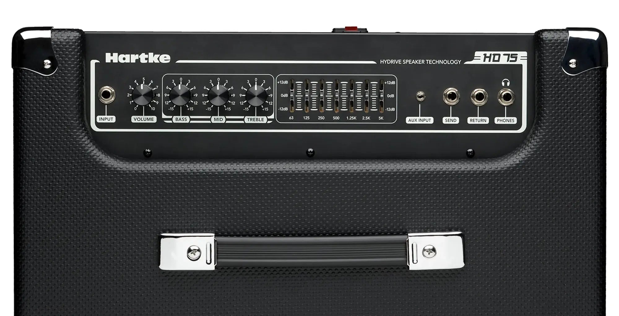 Hartke HD75 amplifier top panel with EQ sliders and tone knobs.