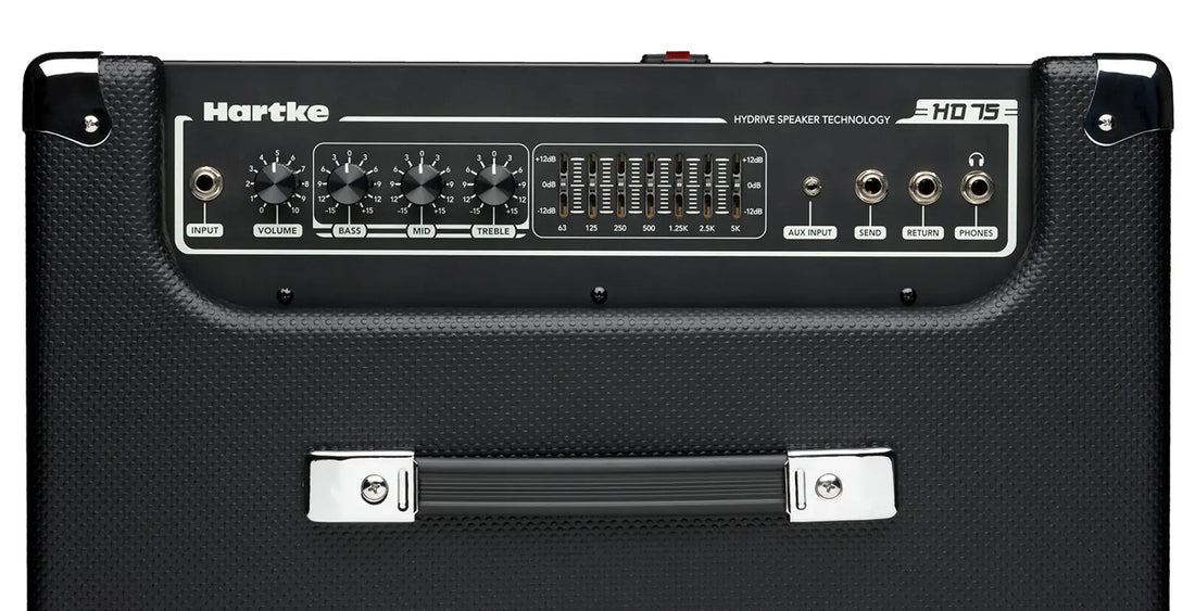Hartke HD75 amplifier top panel with EQ sliders and tone knobs.