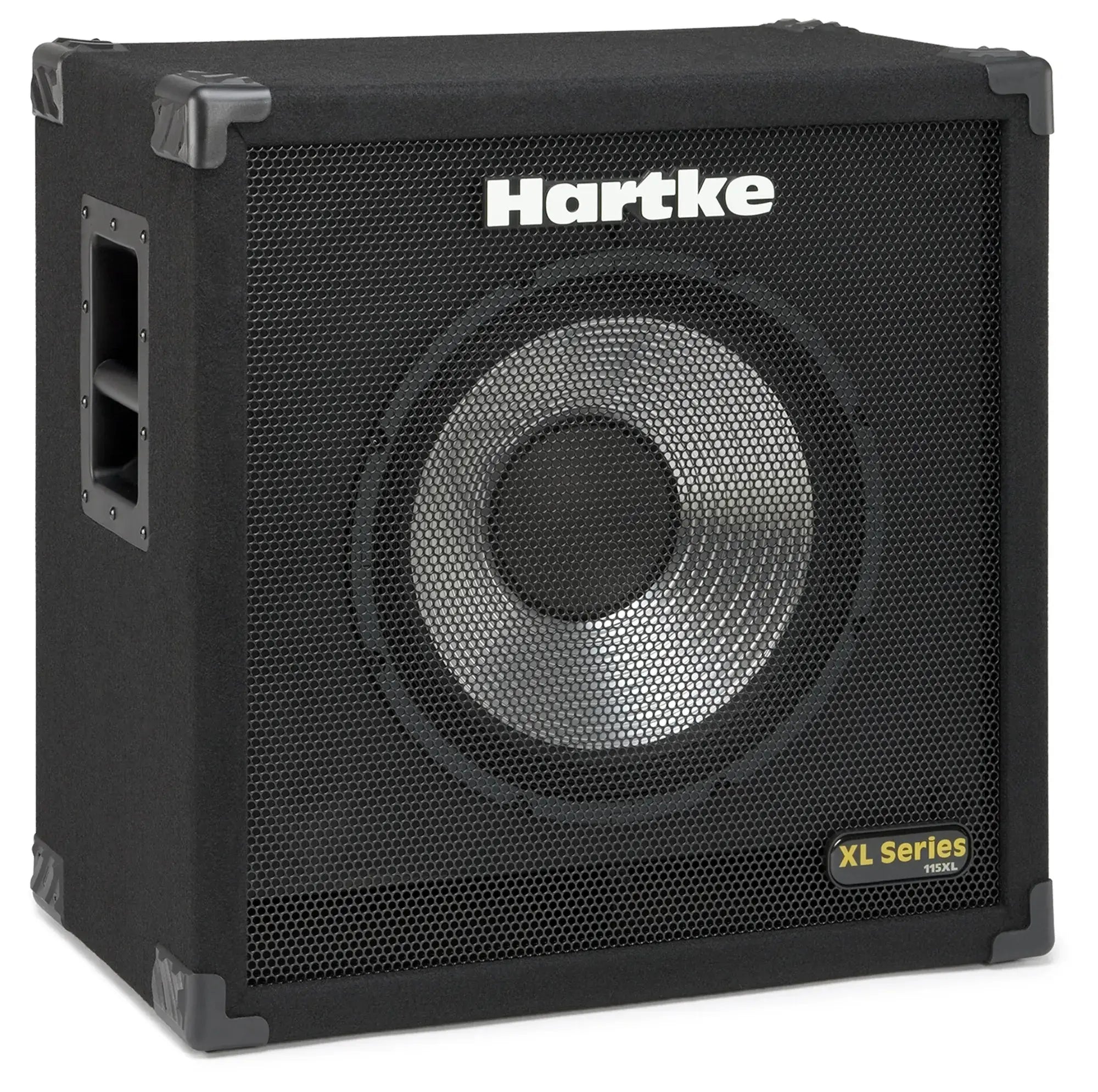 Hartke 115XL bass cabinet angled view showing side handles and grille.
