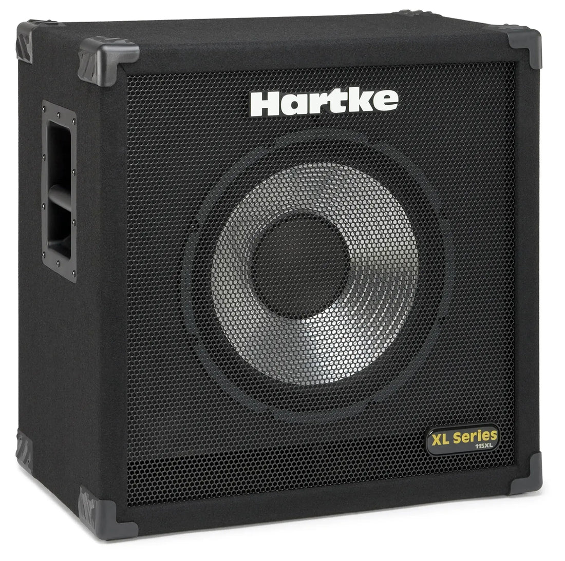 Hartke 115XL bass cabinet angled view showing side handles and grille.
