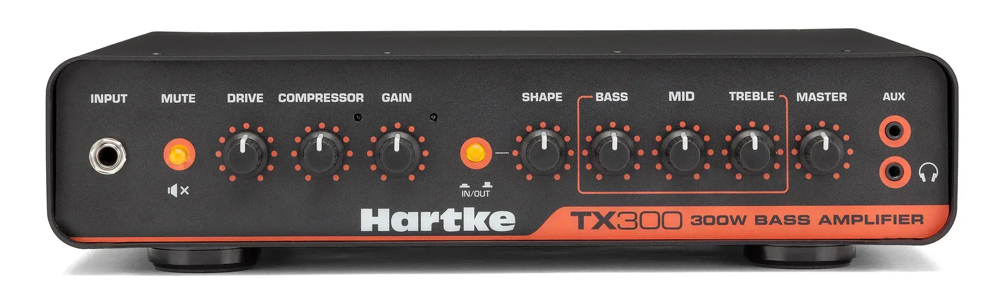 Hartke TX300 bass amplifier head with aluminum chassis and front control panel.