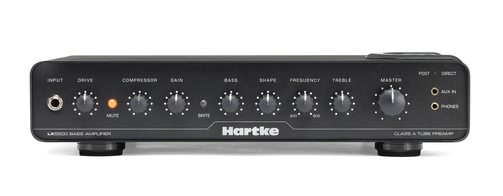 Hartke LX5500 bass head stacked on HyDrive cabinet in live setup.