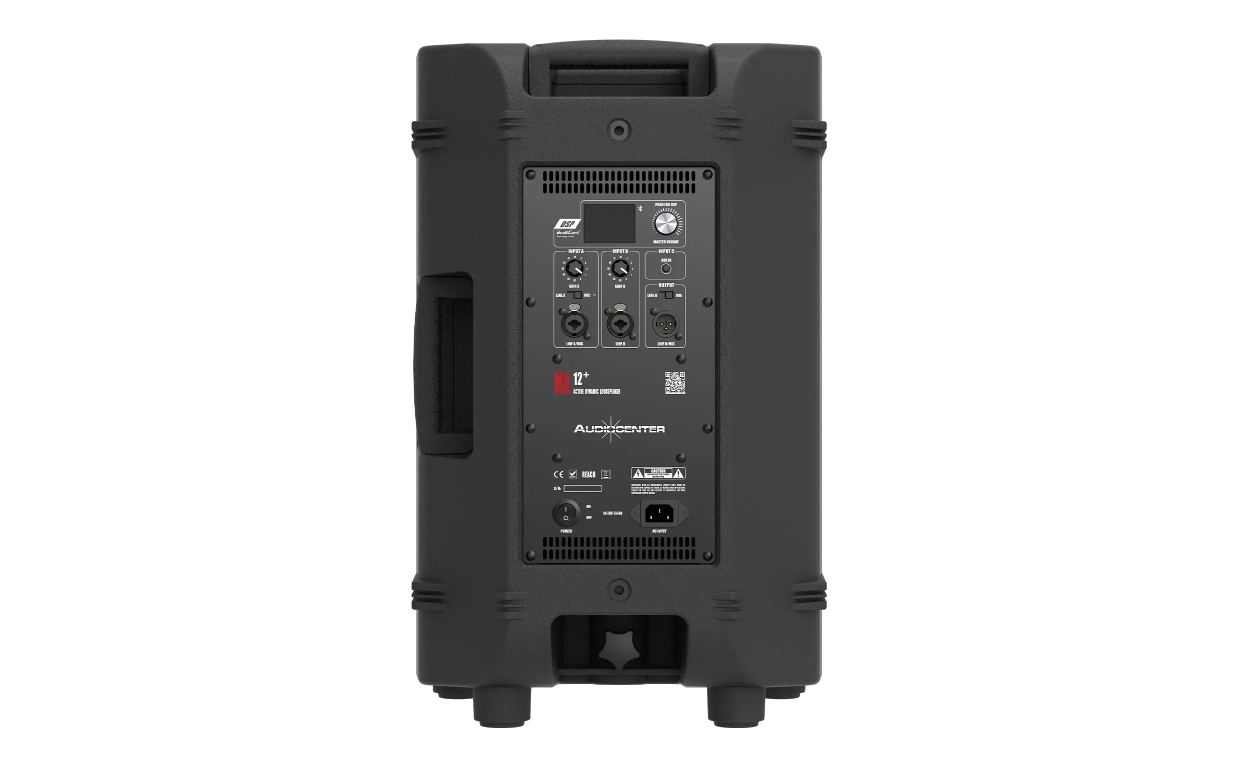 Audiocenter MA12+ rear control interface showing XLR inputs and DSP preset switches.
