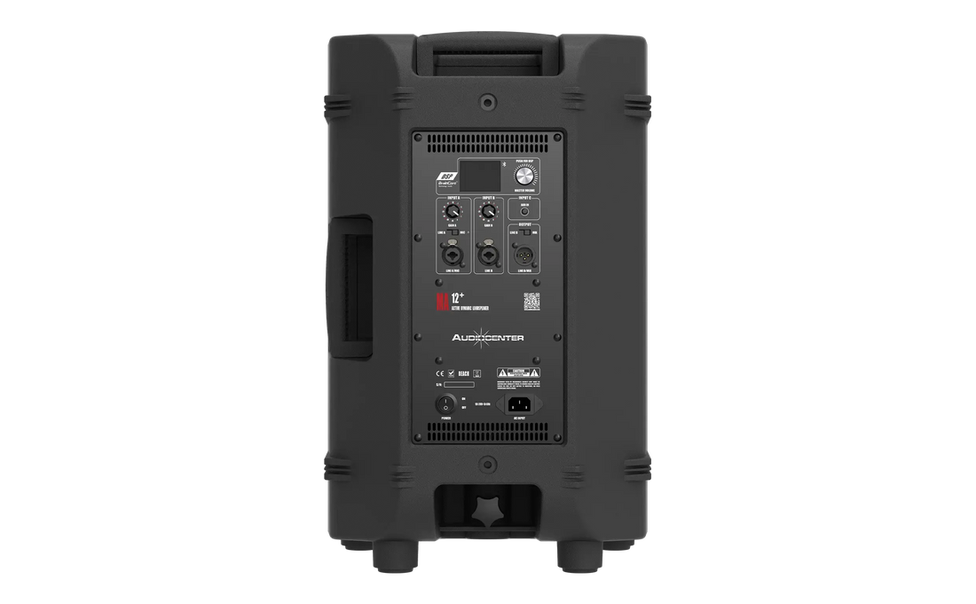 Audiocenter MA12+ rear control interface showing XLR inputs and DSP preset switches.