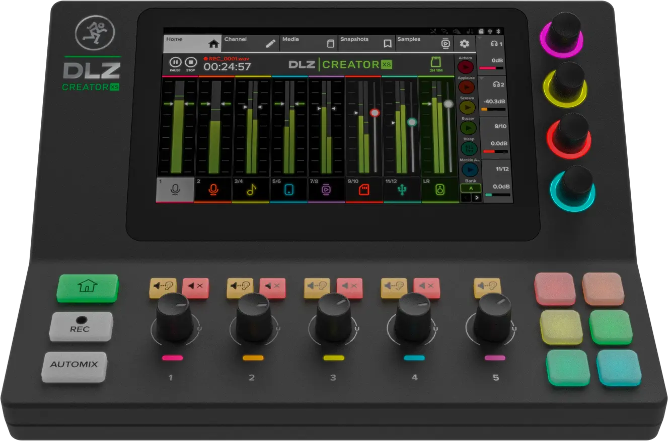 Mackie Music production controller with digital display and colorful buttons 