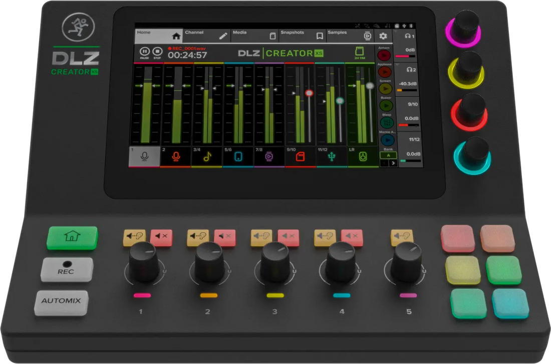 Mackie Music production controller with digital display and colorful buttons 