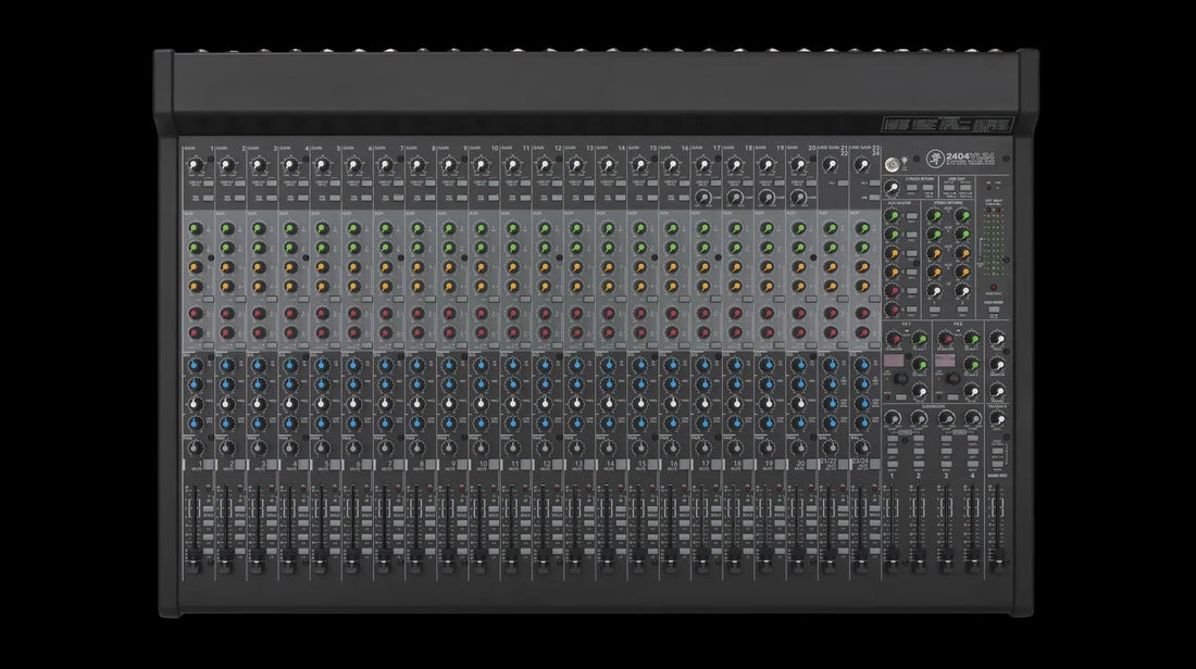 Mackie Sound mixing console with control knobs and buttons 
