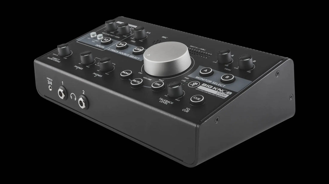 Mackie audio interface with control knobs and buttons 