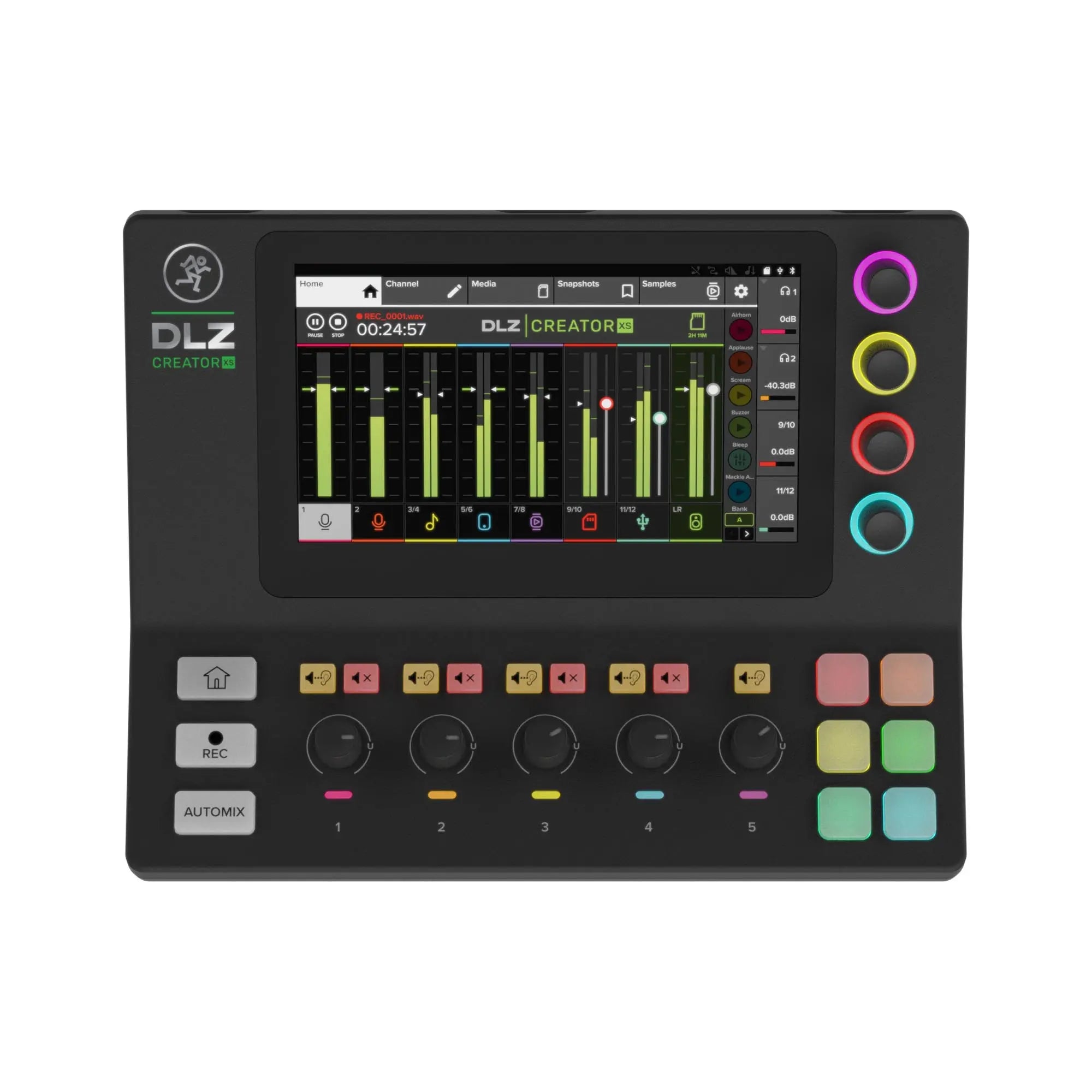 Music production controller with screen and colorful buttons 