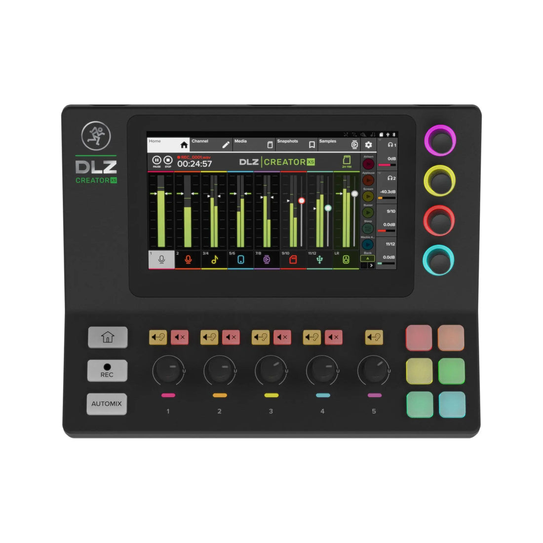 Music production controller with screen and colorful buttons 