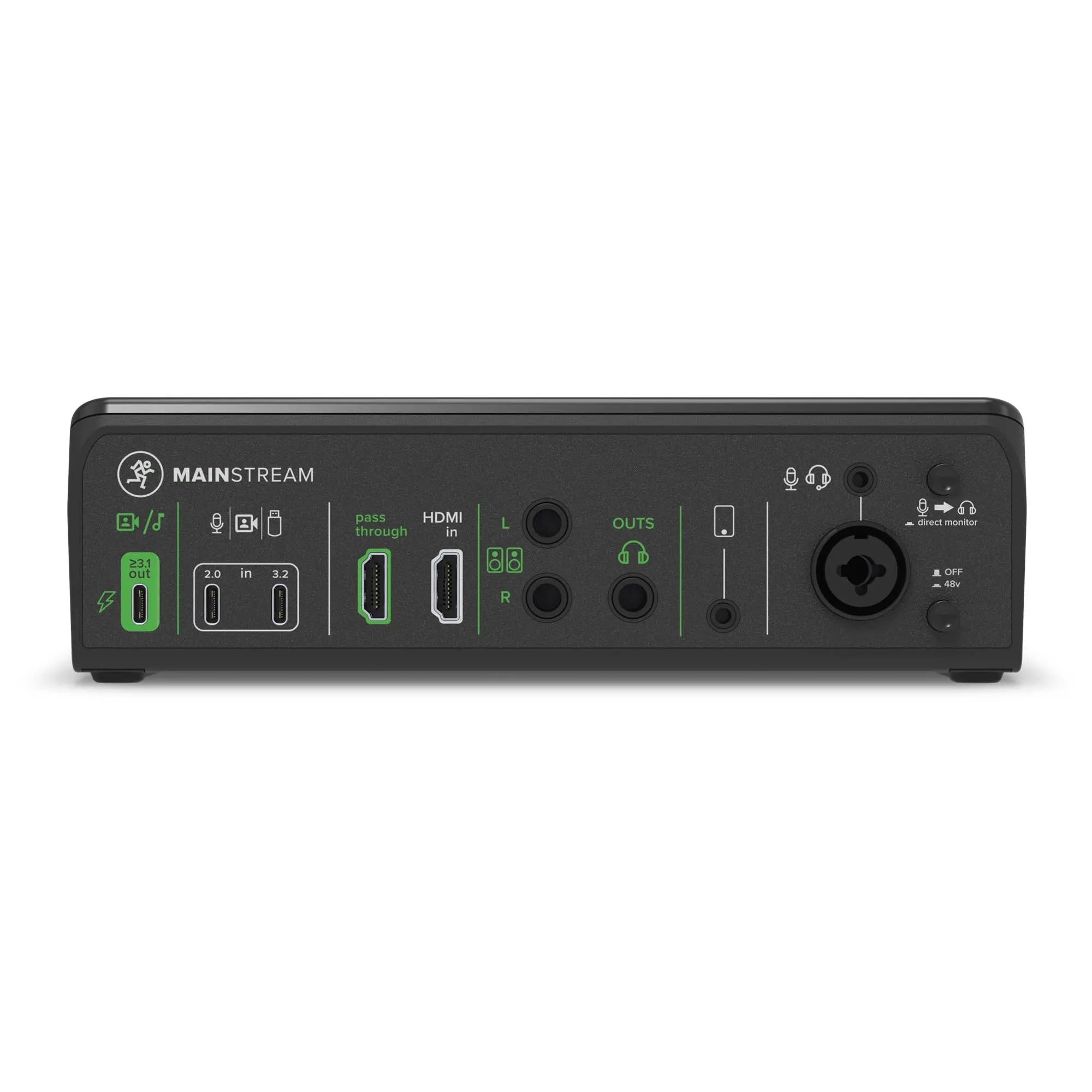 Black Mackie audio interface with various ports and labels on a white background