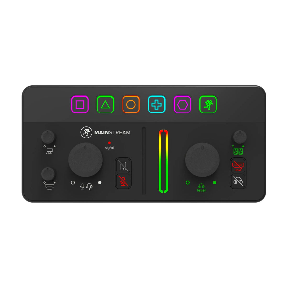 Black audio control panel with colorful buttons and indicators 