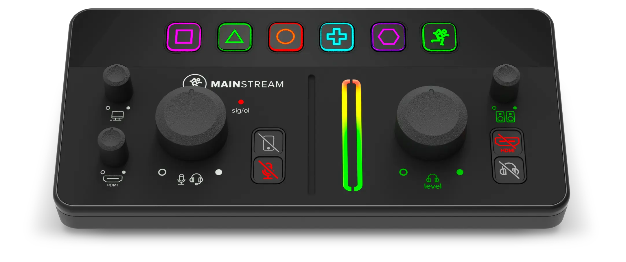Mackie  audio control panel with colorful buttons and indicators 