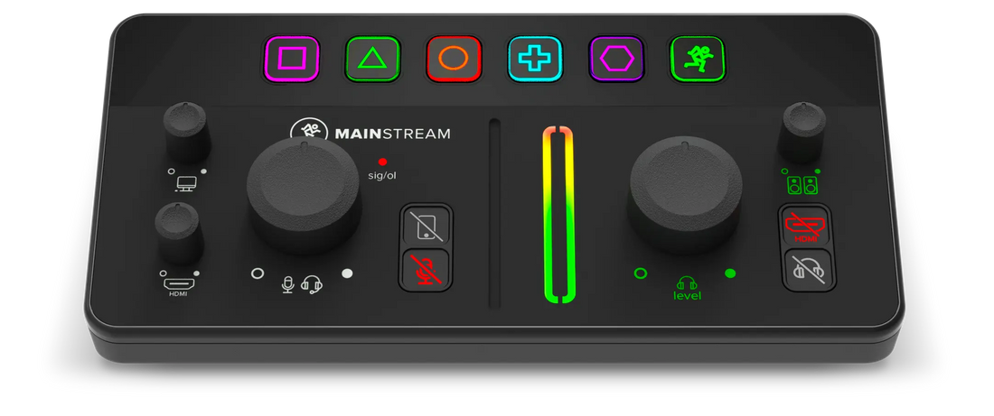 Mackie  audio control panel with colorful buttons and indicators 