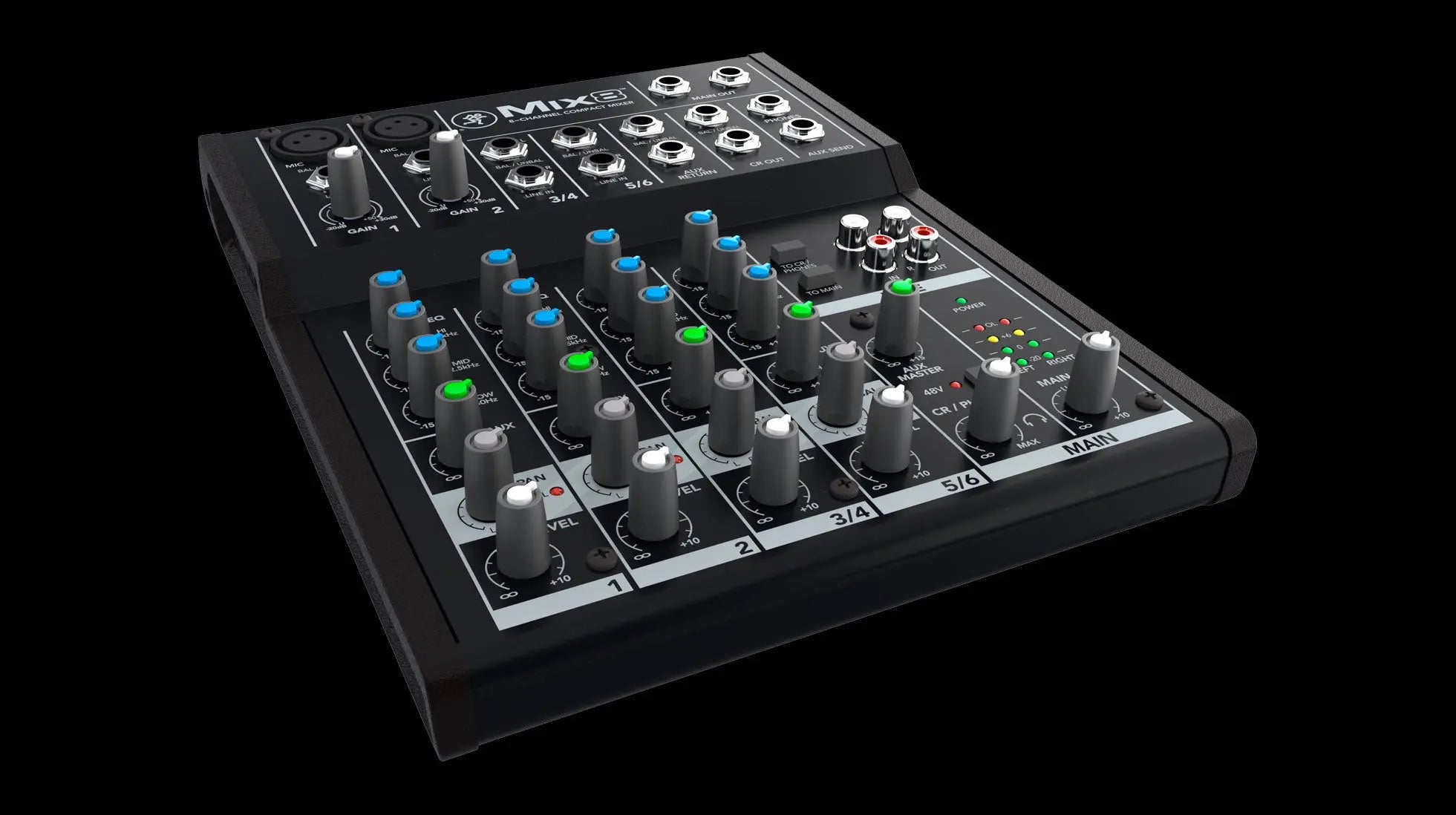 audio mixer with control knobs and buttons