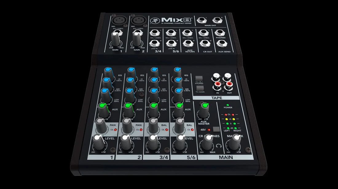 audio mixer with control knobs and buttons 