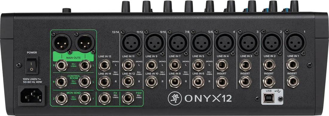 Mackie Onyx12 Back view of a black audio mixer with multiple inputs and labels, featuring the brand 'SME'.