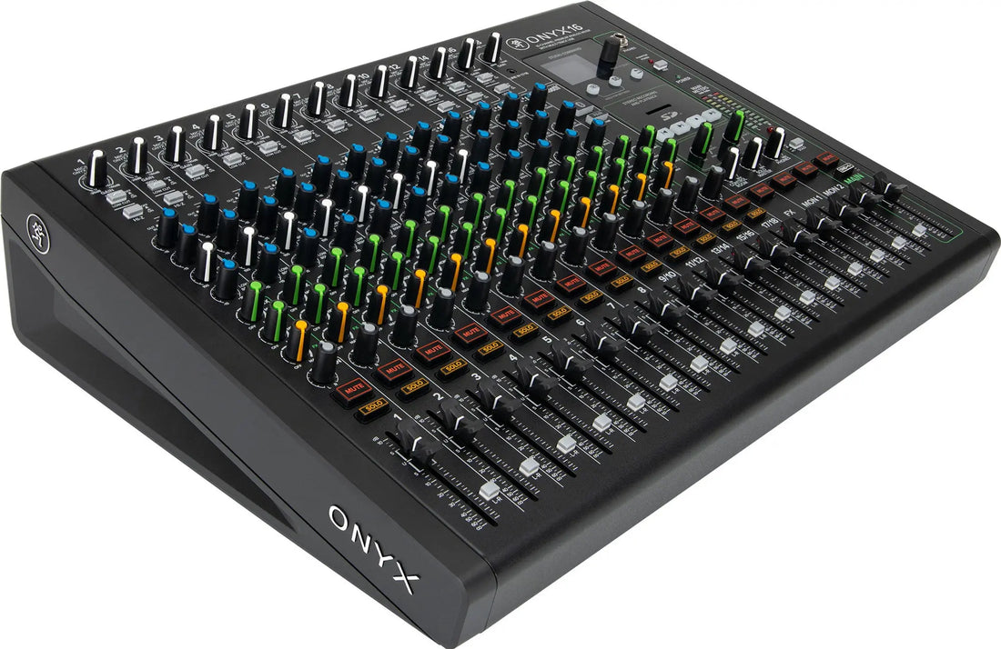 mackie Onyx16 audio mixing console with various controls 