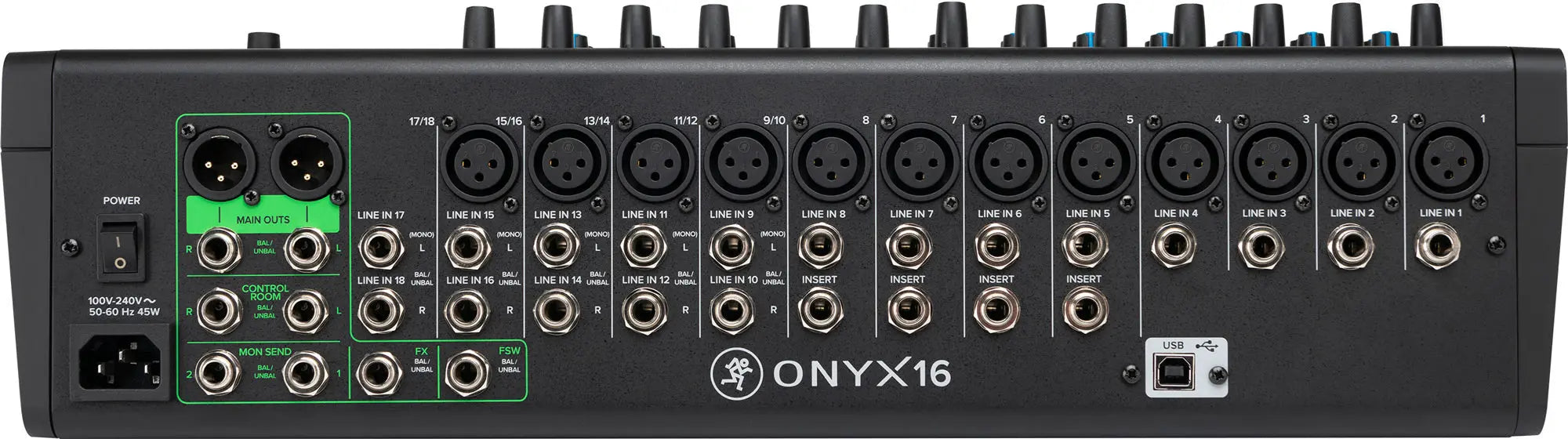 Back view of a Mackie Onyx16 audio mixer with various input and output ports.