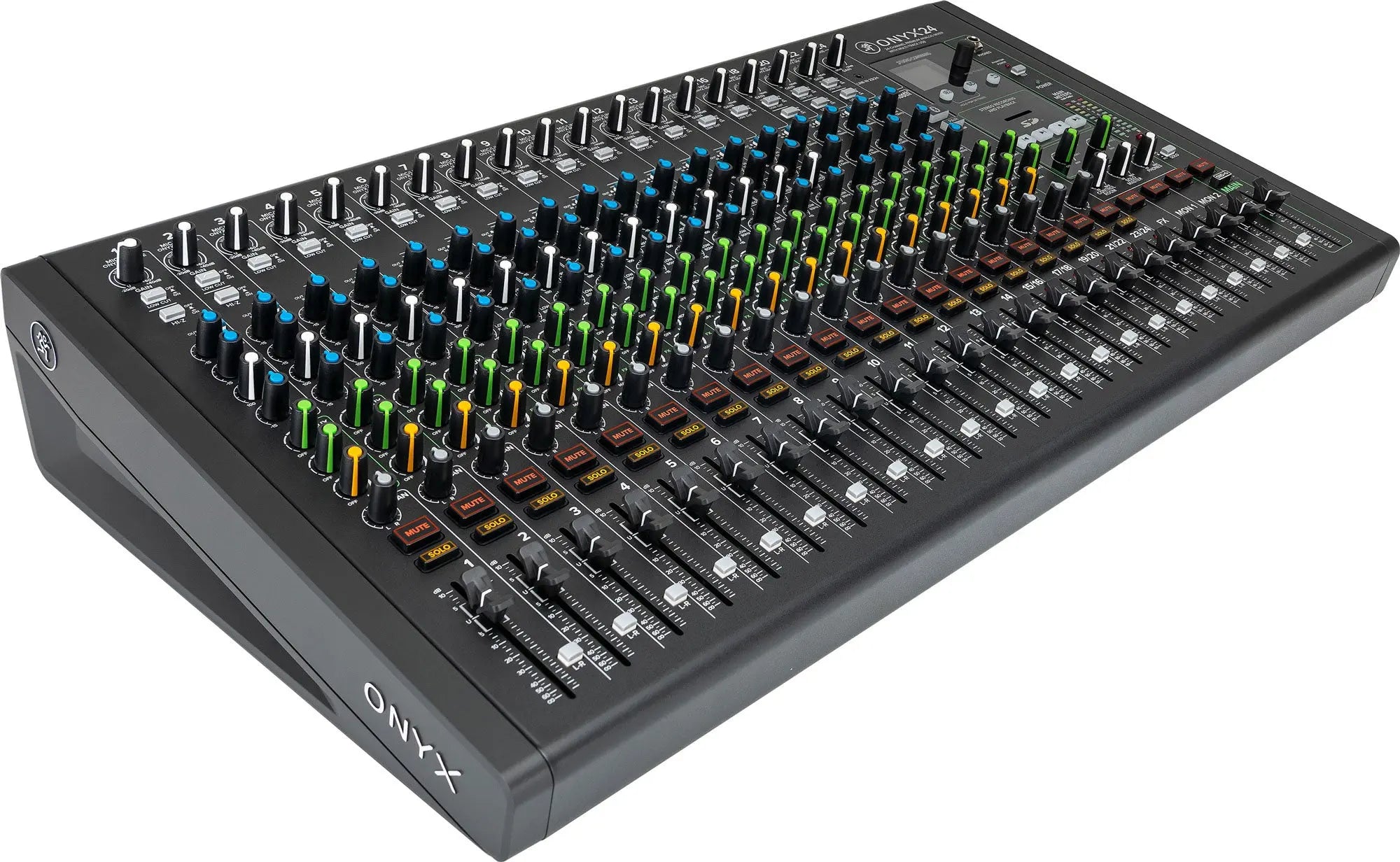 Mackie Onyx24 USB audio mixer side panel showing input and output ports for studio recording